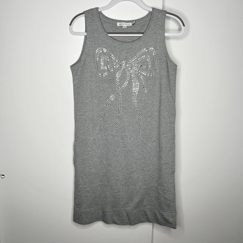 See By Chloe Terrycloth Rhinestone Appliqué Bow Design Cotton Tank Dress US 4